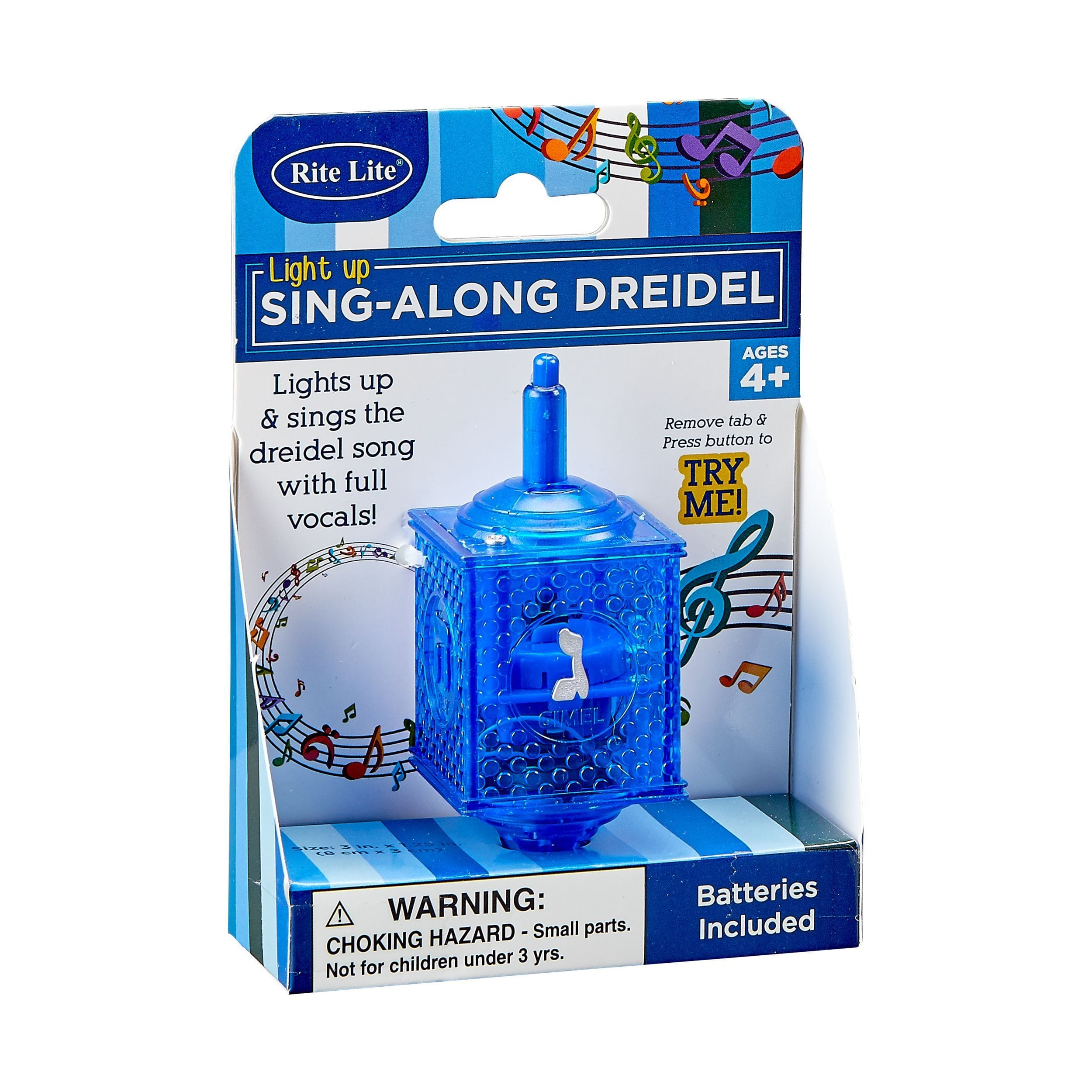 3999a0fc2c23423bae3301902b64bffe.jpg Singing Dreidel, Lights Up & Sings, Translucent Blue Plastic, 3" - Image 1