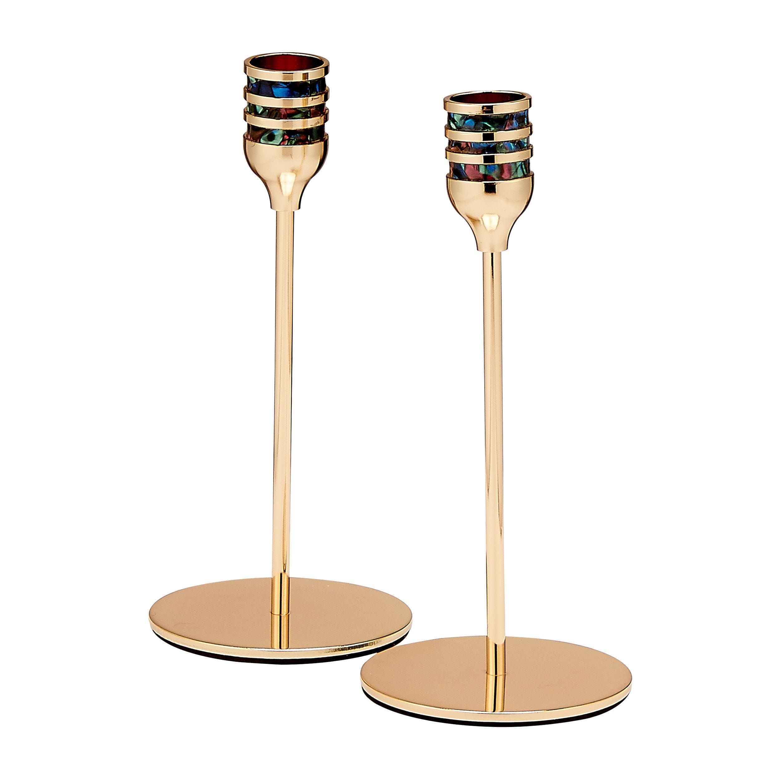 69e38253e3af4884878a31981e618b19.jpg Candlesticks, Enamel Design, Gold Aluminium, 7", Pair - Image 1