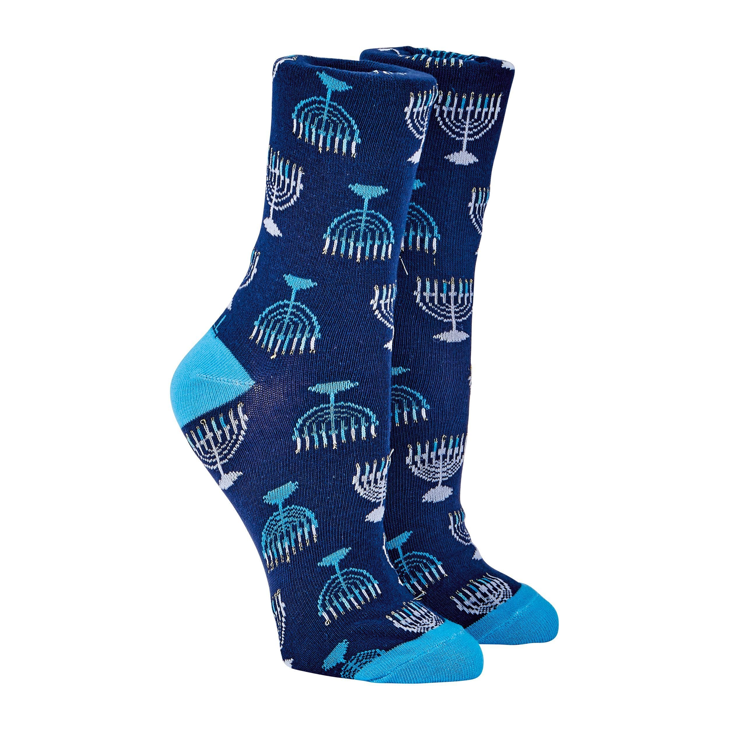77ed422b17724f7bb68fcd3c1e8eb664.jpg Menorah Socks with Metallic Thread, Cotton Blend, Adult Crew - Image 1