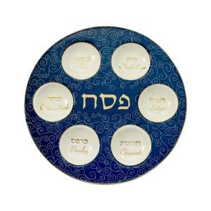 Seder Plate, Blue with White Curlicues, Gold Accents, Ceramic – Rite Lite
