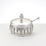 Traditional Silvertone Honey Dish with Glass Insert & Spoon