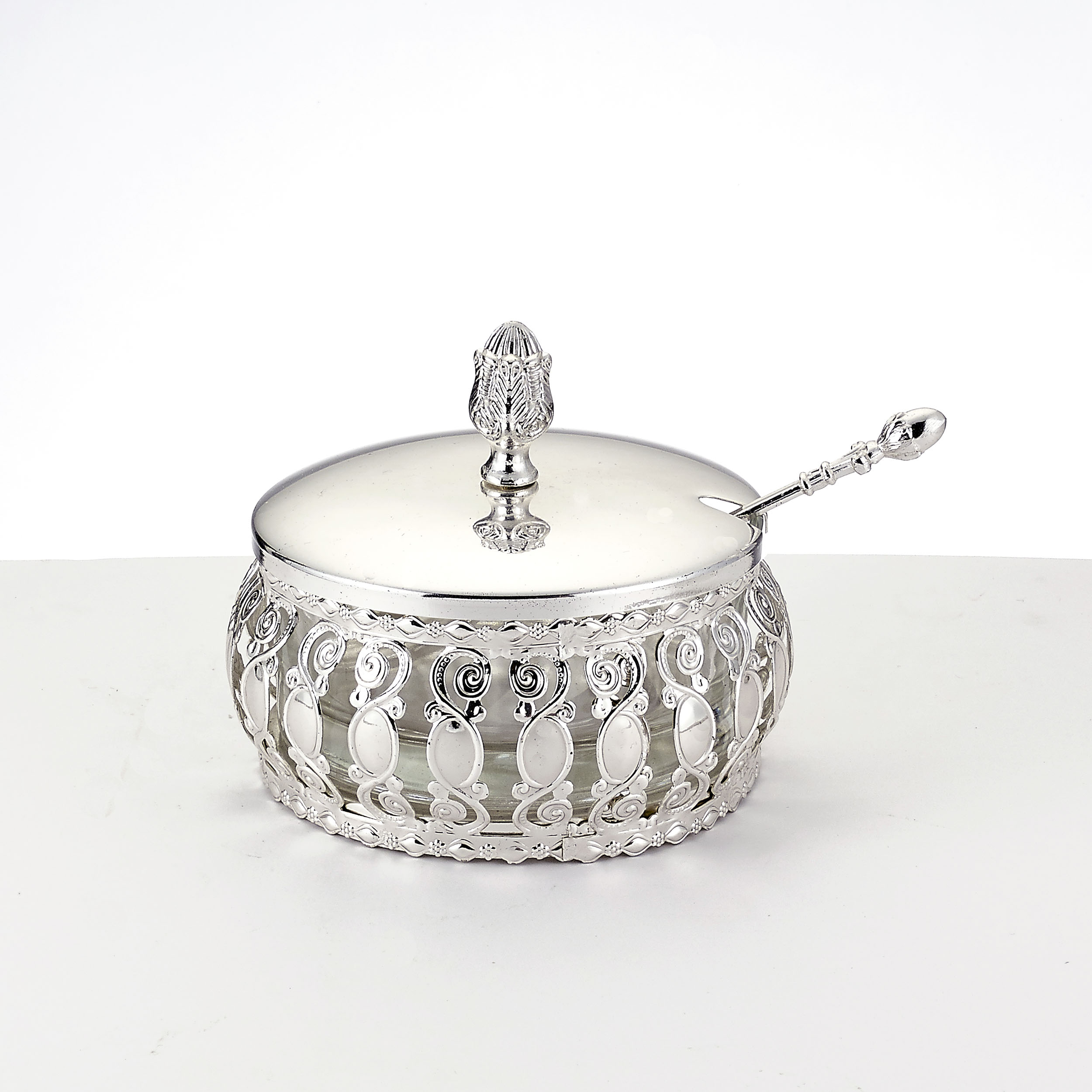 HDGL-3 Traditional Silvertone Honey Dish with Glass Insert & Spoon - Image 1