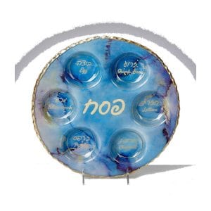 Seder Plate “Blue Marble” with Gold Accents, Glass, Round – Rite Lite
